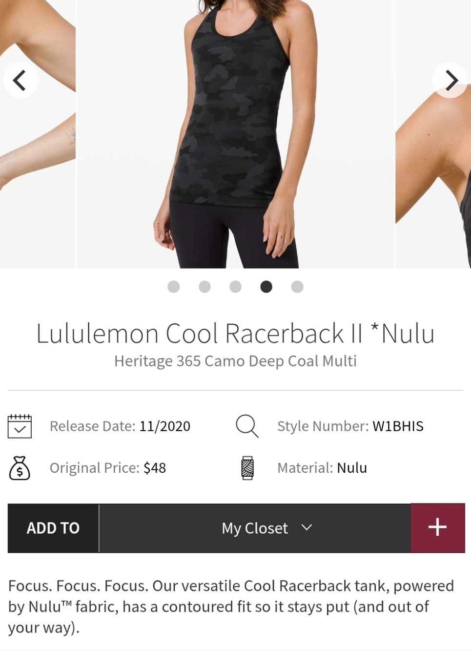 Lululemon Cool Racerback II *Nulu - Heritage 365 Camo Deep Coal Multi, size 8(?)